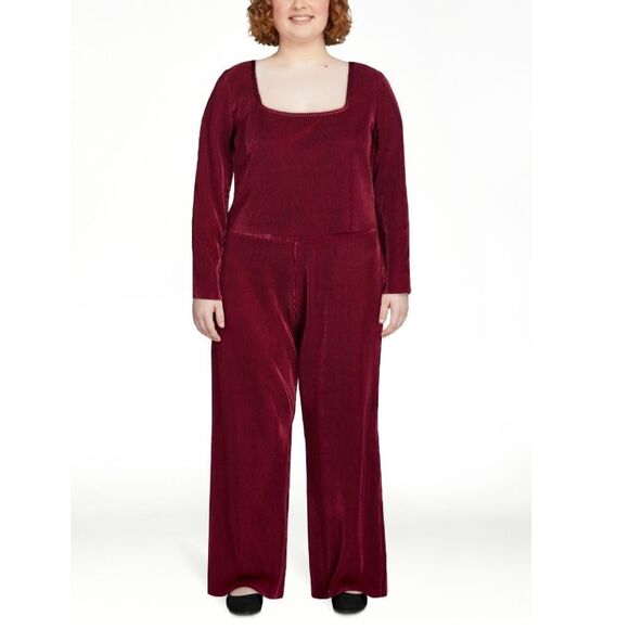 🆕👖Pleated Square Neck Top and Pants Set - Red/Burgundy - Picture 1 of 1